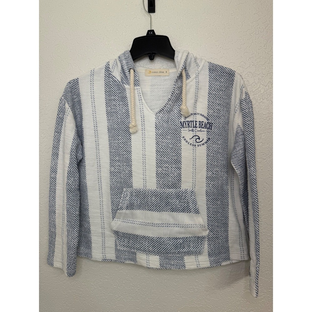 Ocean Drive Myrtle Beach Blue White Striped Pullover Hoodie Small Women's